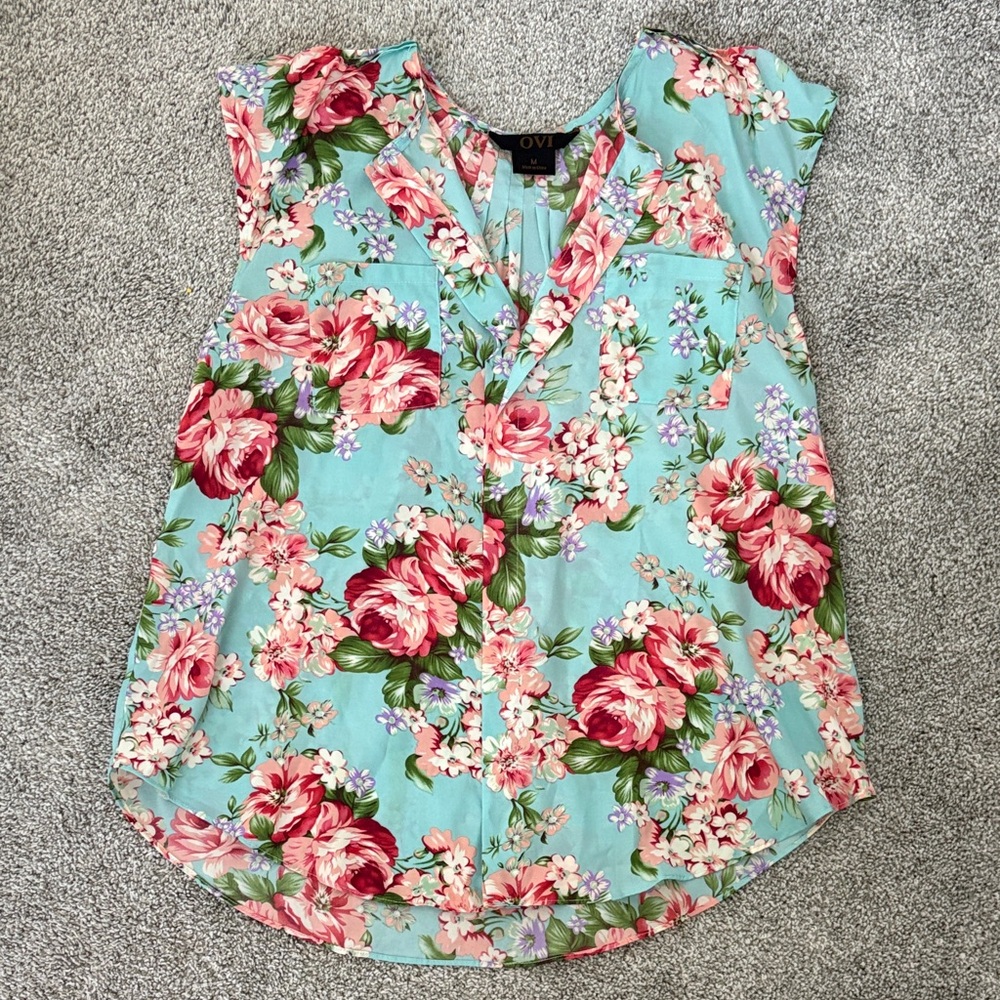 Ovi Floral Blouse - Aqua and Pink